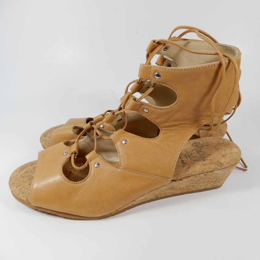AMALFI by RANGONI Morata Cork Wedge Cage SANDALS Size 7 Sabbia Tan Leather NEW